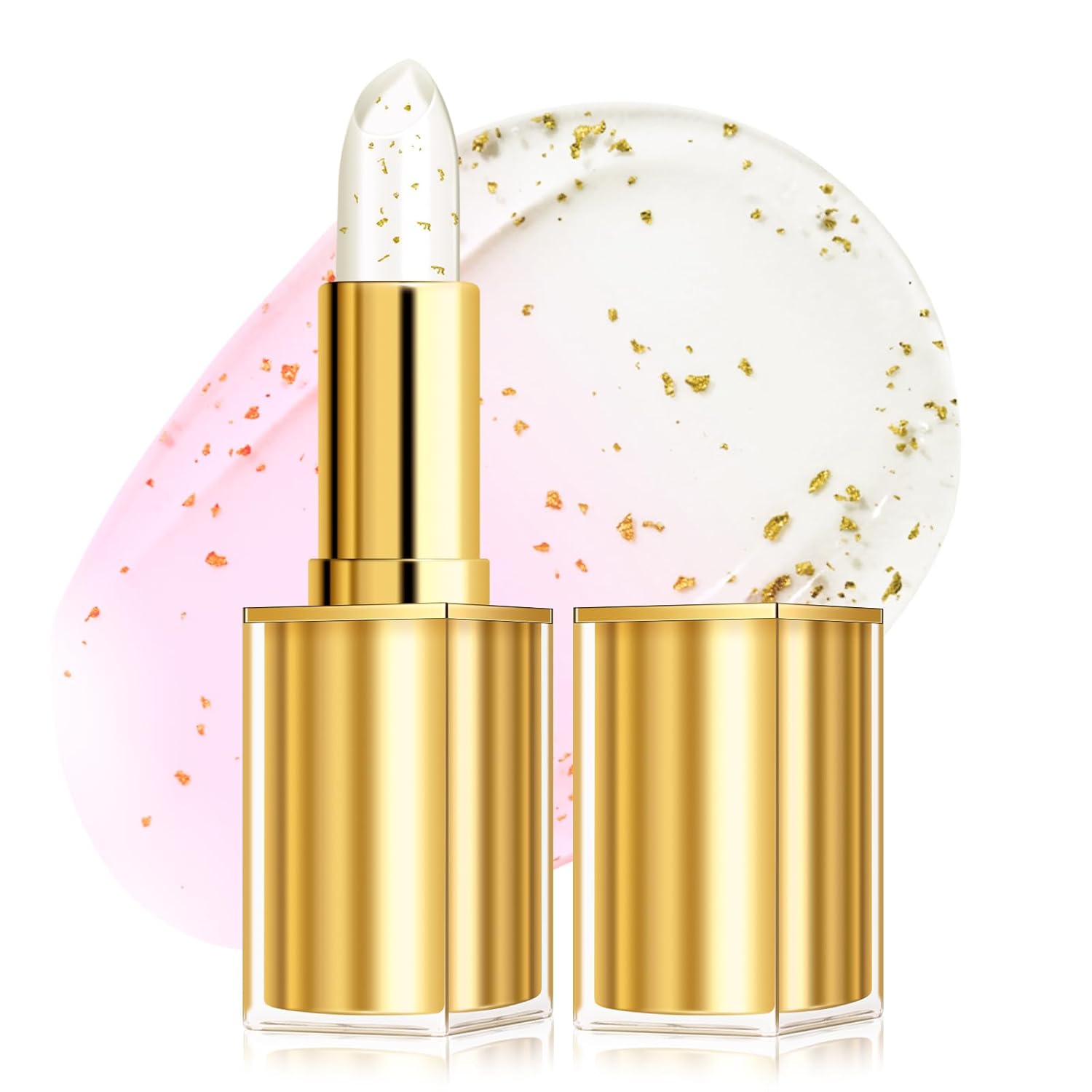Transferproof Color Changing Lipstick with Gold Flakes, Changes from Clear to Sheer Pink, Moisturizing Tinted Lip Balm, Deep Nourishment, Changing Lipstick, Glossy Shine Lip Balm